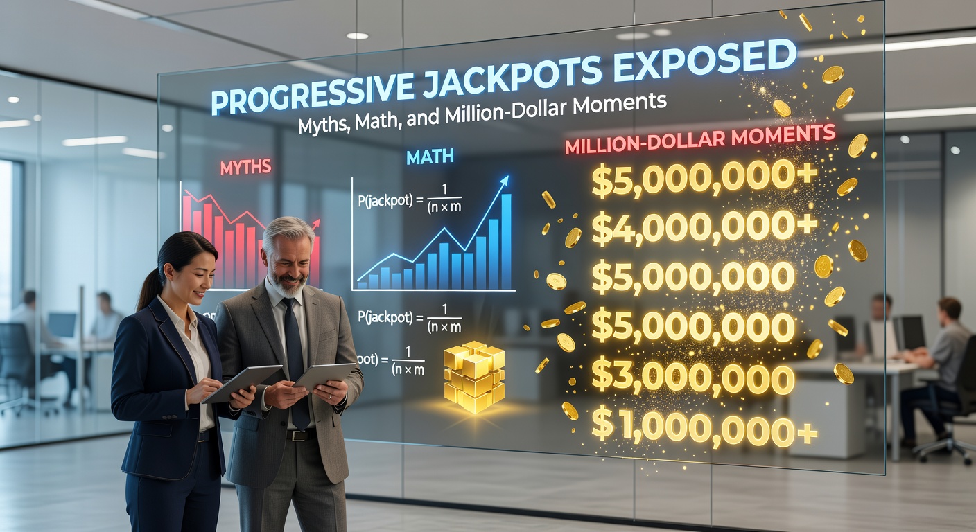 A jubilant player celebrating a massive progressive jackpot win amidst cheering casino crowds, confetti raining down